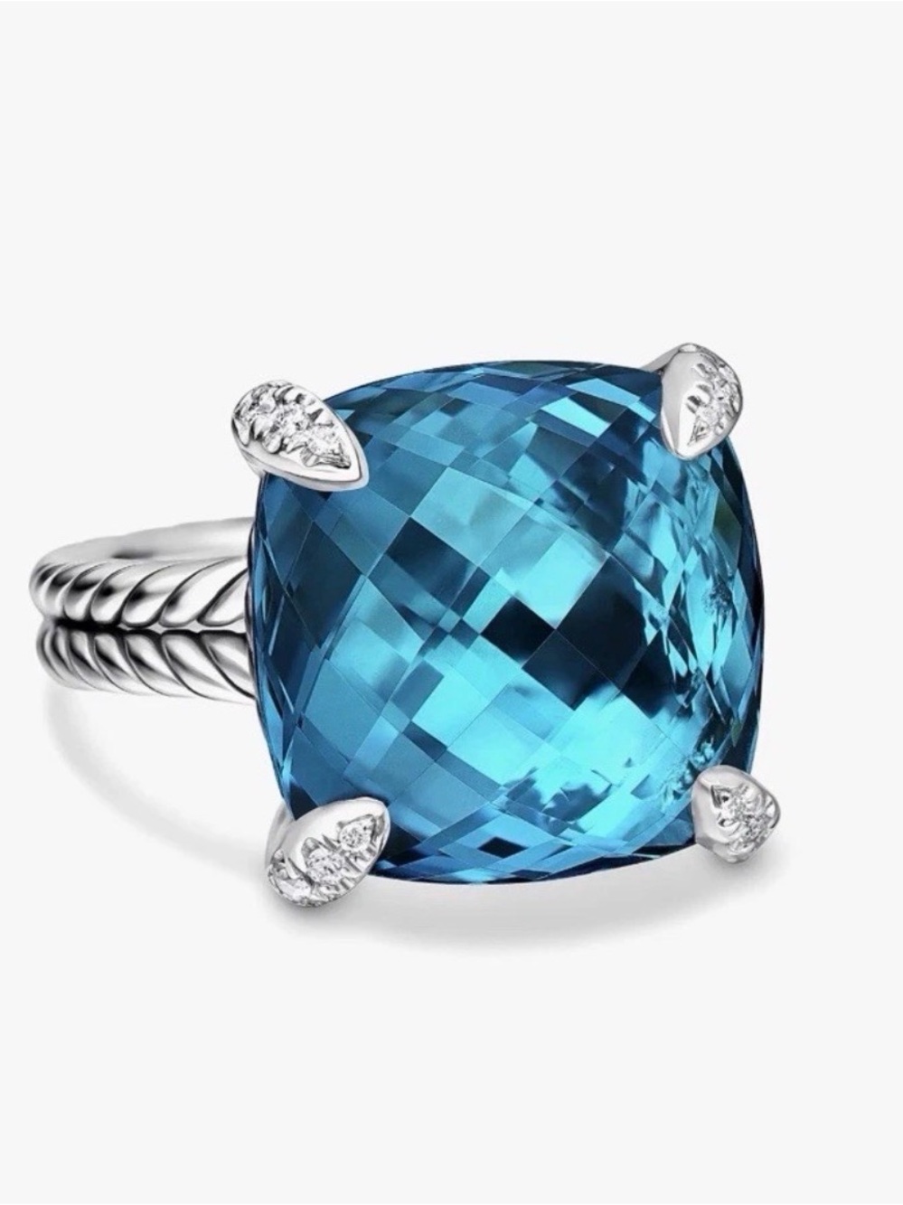 David Yurman Cushion Blue Topaz Cable Ring with Diamond Prongs